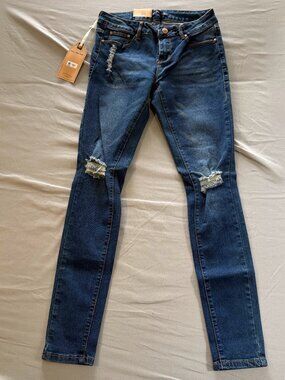 Vins Me Women's Distressed Skinny Ankle Stretch Dark Wash Blue Jeans Size 1 NWT